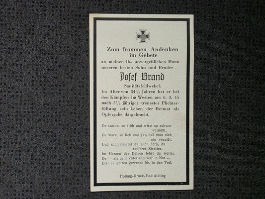 Sterbebild Feldwebel Rosenheim Endkampf Westen Bad Nauheim Frankfurt