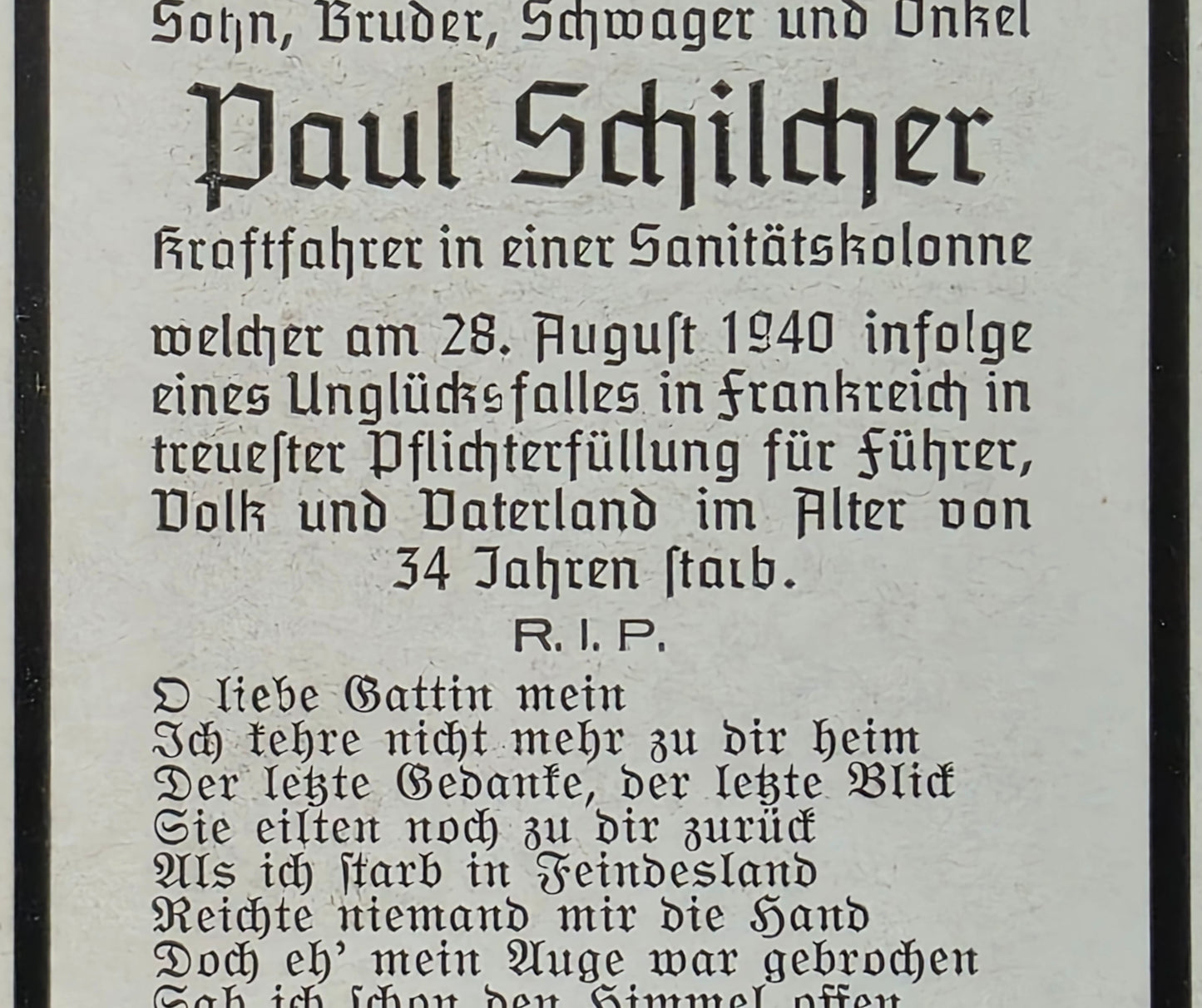 Sterbebild Kraftfahrer Kirchseeon Sanitätskolonne Lazarett III/677 Laon Frankreich