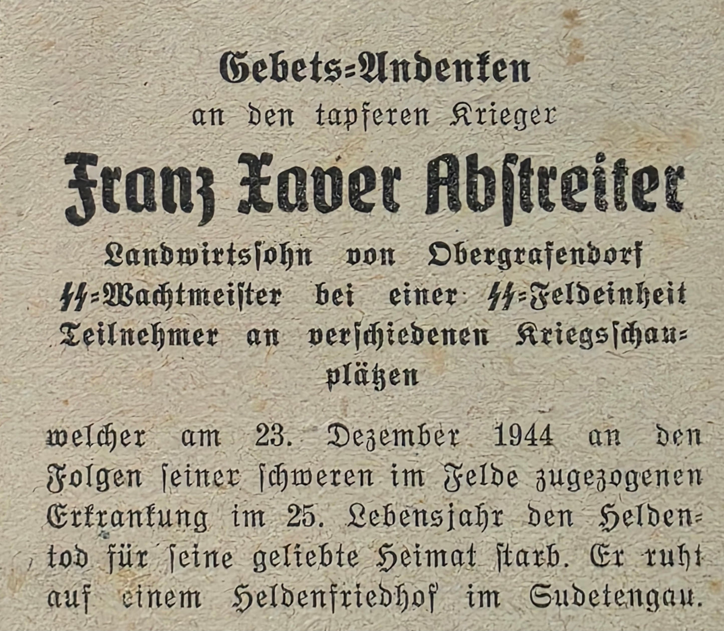 Sterbebild SS-Polizeiwachtmeister Obergrafendorf SS-Feldeinheit Branitz Oberschlesien Polen