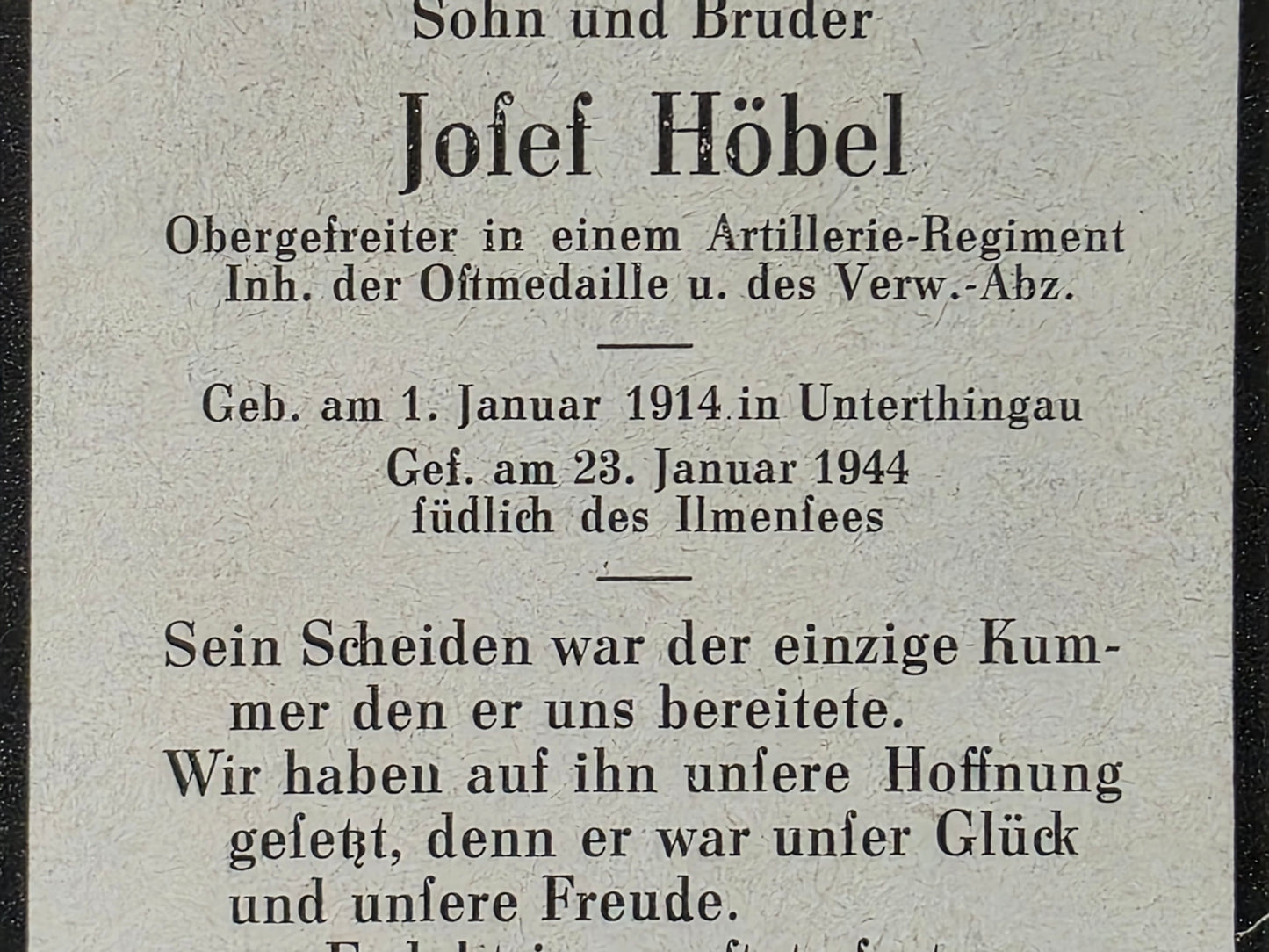 Sterbebild Obergefreiter Unterthingau Artillerie Regt. Ilmensee Russland