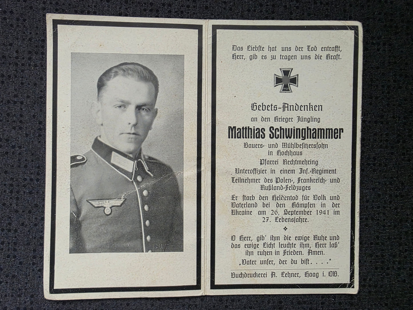 Sterbebild Unteroffizier Stetten 9. Komp. Inf. Regt. 199 "List" Ukraine