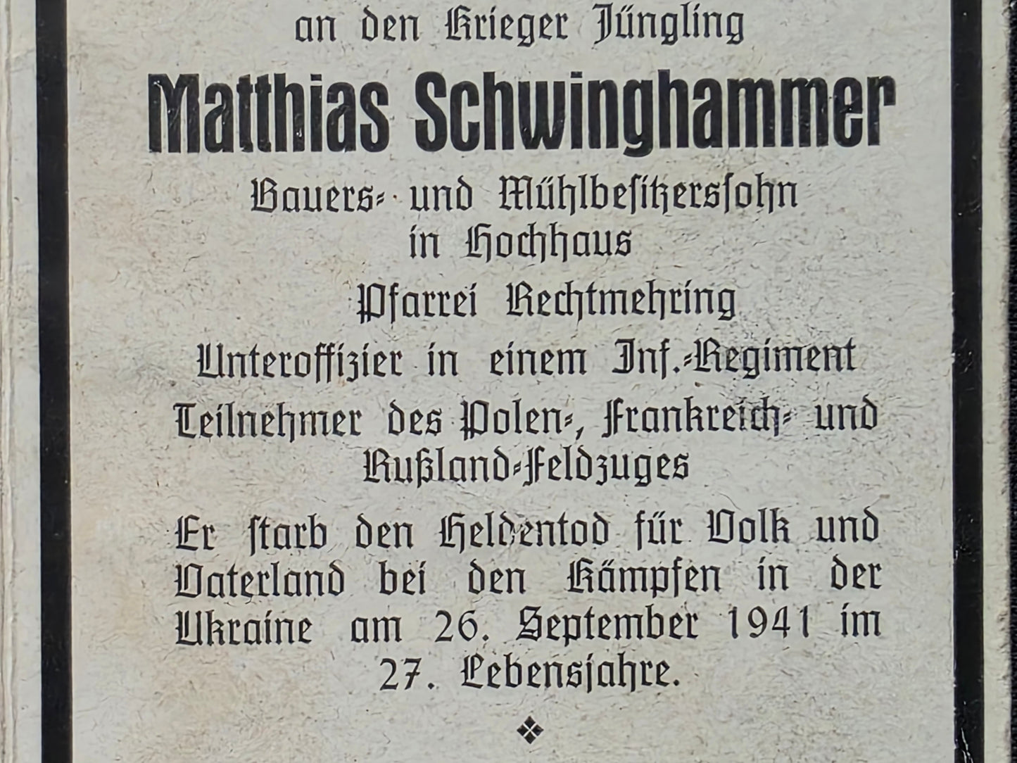 Sterbebild Unteroffizier Stetten 9. Komp. Inf. Regt. 199 "List" Ukraine
