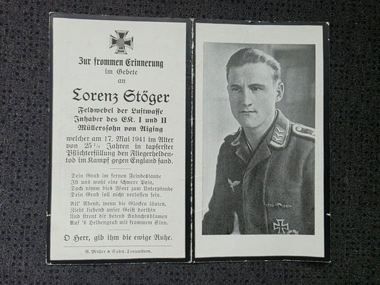 Sterbebild Feldwebel Aiging Bordfunker 7./KG-55 Feindflug Birmingham Worthing Sussex England