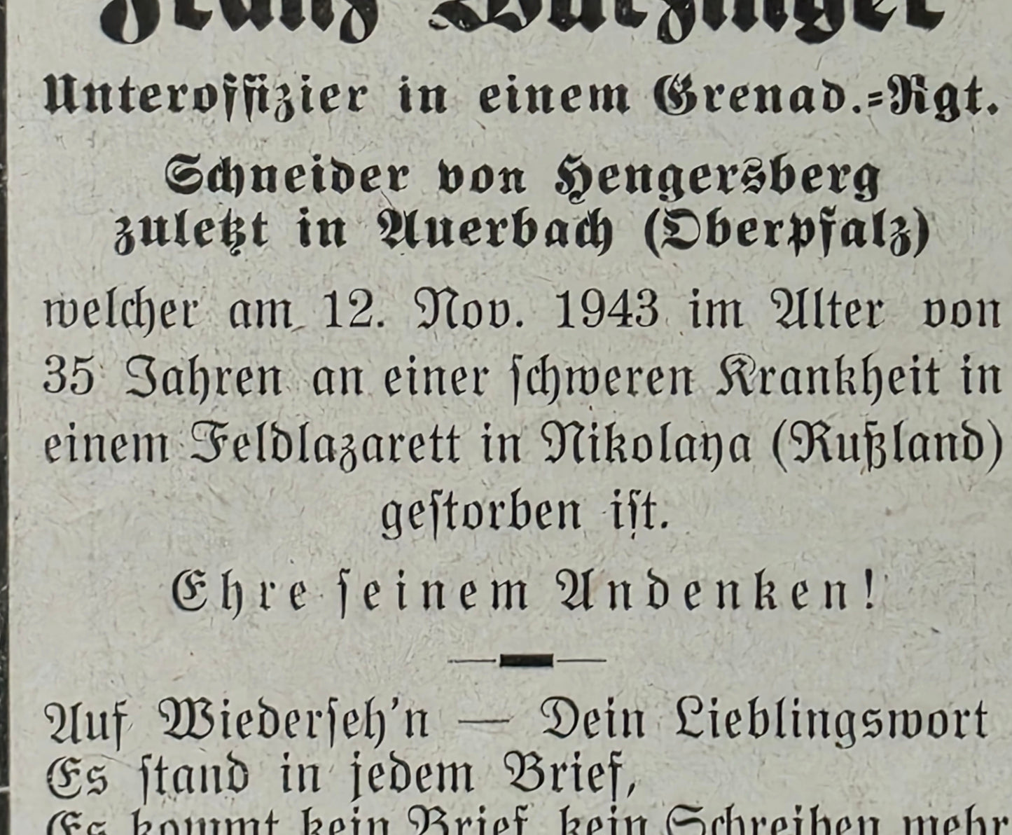Sterbebild Unteroffizier Hengersberg Grenadier Regt. Feldlaz. 638 Nikolajew Ukraine