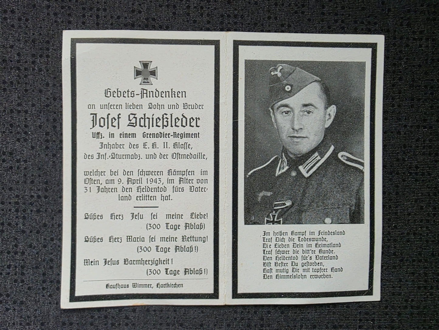Sterbebild Unteroffizier Mittich 3. Komp. Gren. Regt. 747 Cholmerdy-Lokot Russland