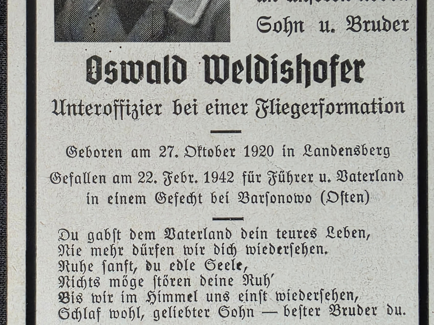 Sterbebild Unteroffizier Landensberg 9. Feld-Regt. der Luftwaffe Barsunowo Russland