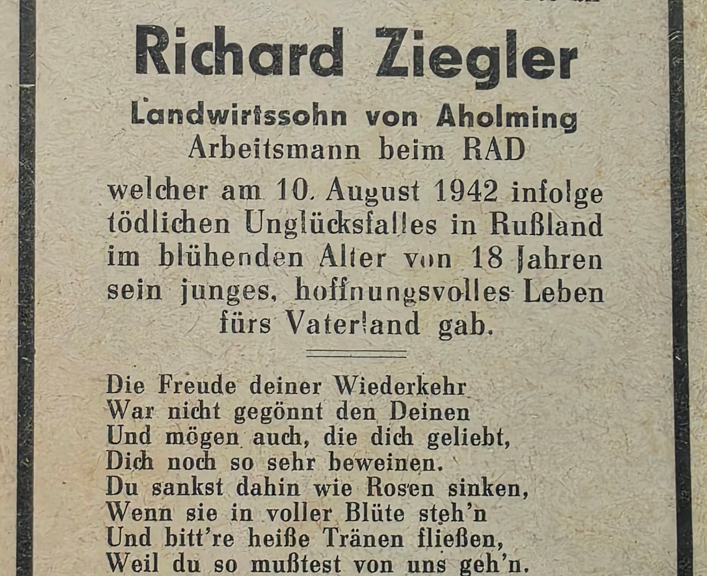 Sterbebild Arbeitsmann RAD Aholming 18 Jahre Surash Weissrussland