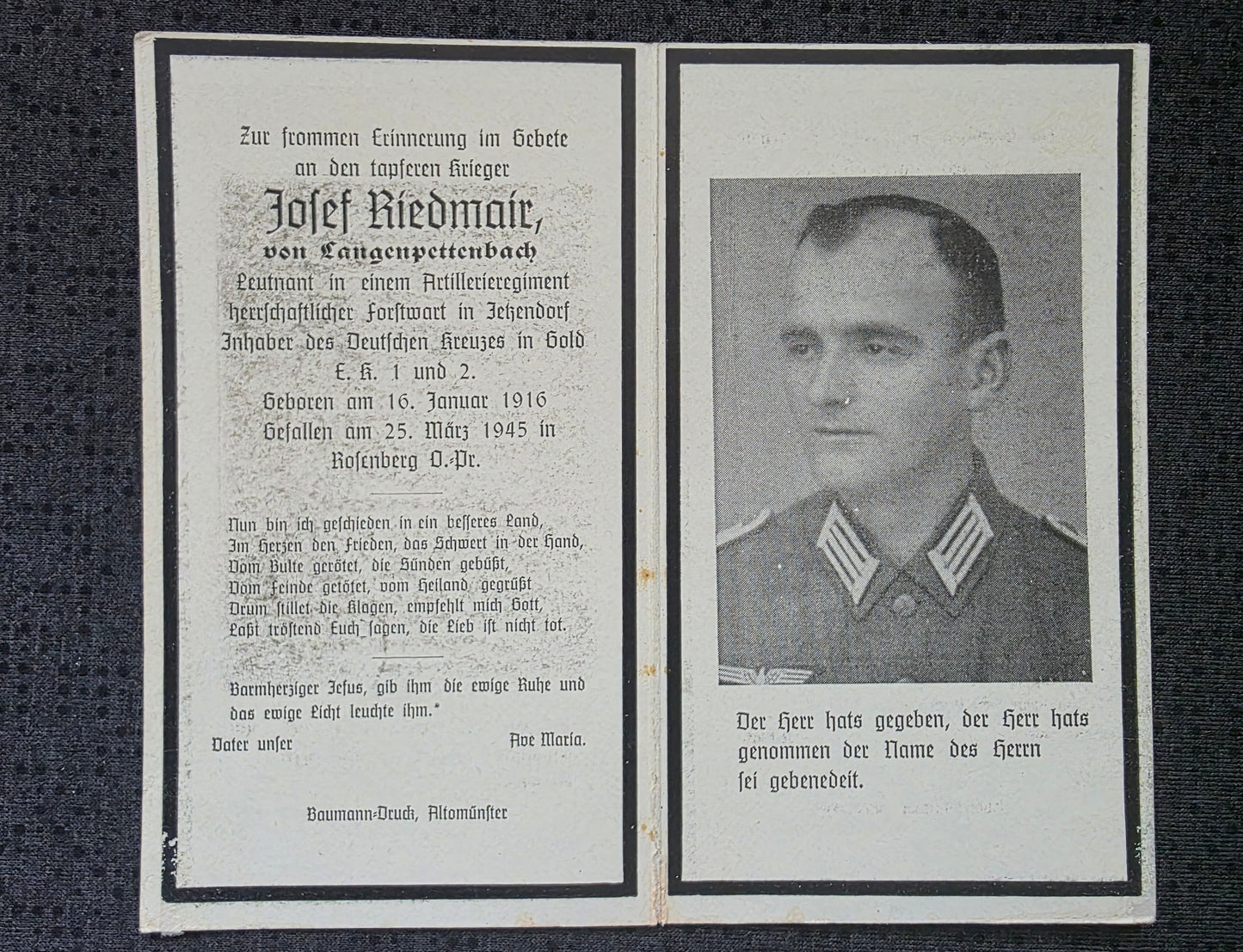 Sterbebild Leutnant Langenpettenbach Artillerie Regt. DKiG Endkampf Rosenberg Ostpreußen