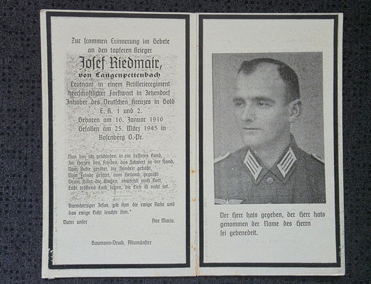 Sterbebild Leutnant Langenpettenbach Artillerie Regt. DKiG Endkampf Rosenberg Ostpreußen