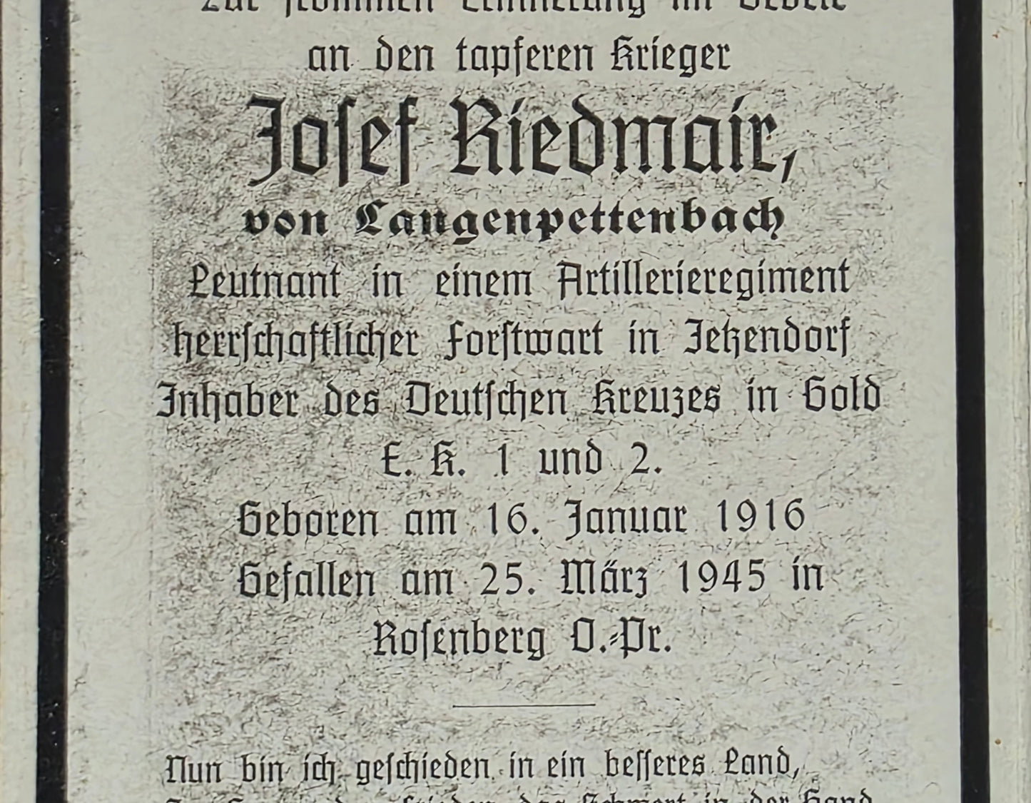 Sterbebild Leutnant Langenpettenbach Artillerie Regt. DKiG Endkampf Rosenberg Ostpreußen