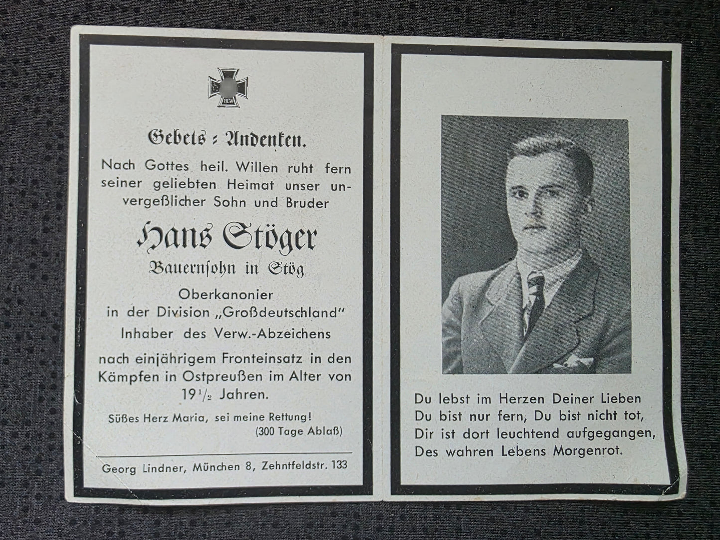 Sterbebild Oberkanonier Stög Division "Großdeutschland" GD Endkampf Ostpreußen