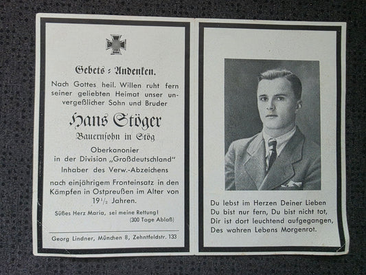 Sterbebild Oberkanonier Stög Division "Großdeutschland" GD Endkampf Ostpreußen