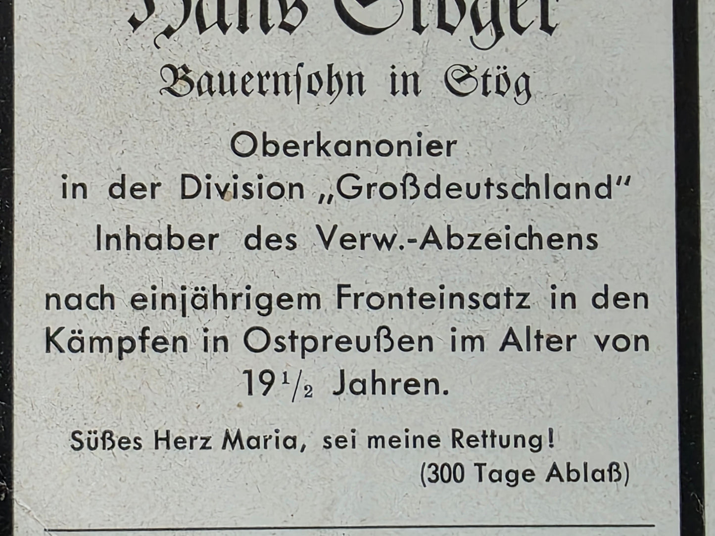 Sterbebild Oberkanonier Stög Division "Großdeutschland" GD Endkampf Ostpreußen