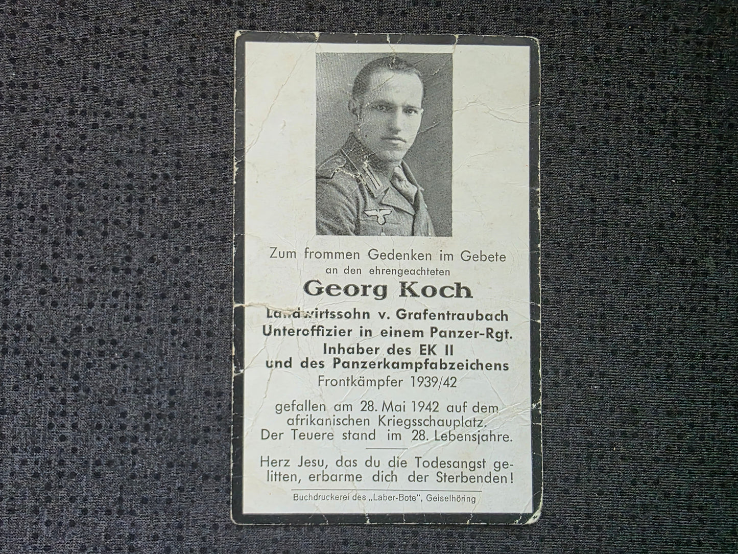 Sterbebild Unteroffizier Grafentraubach 7. Komp. Panzer Regt. 5 DAK PKA Höhe 201 Acroma Libyen Afrika