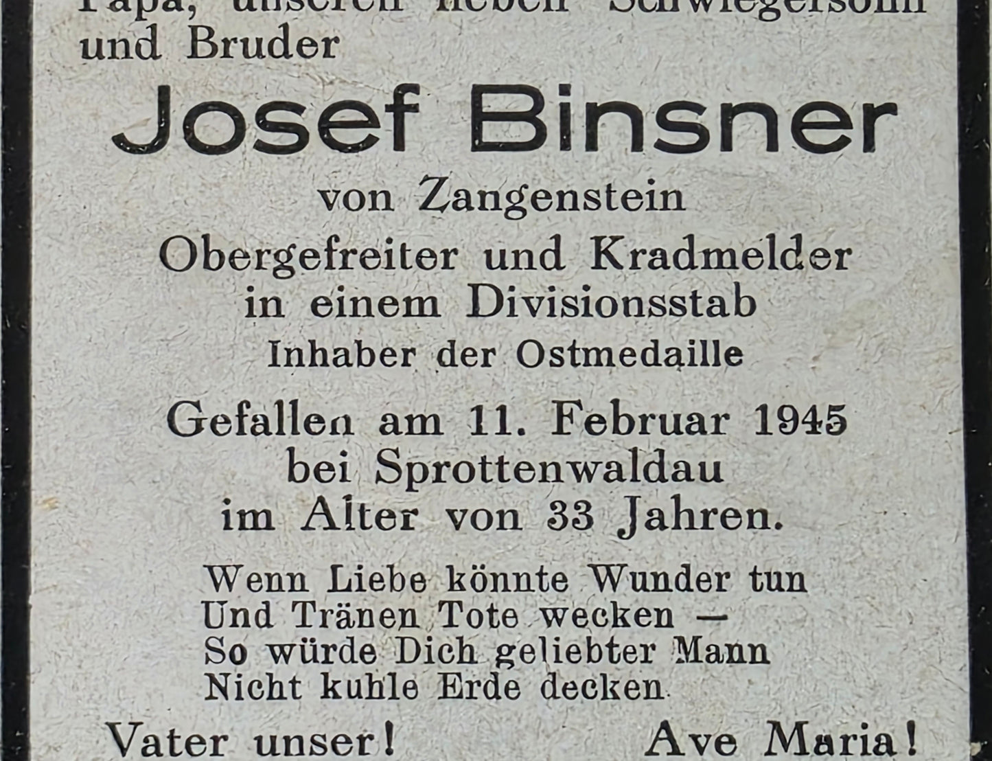 Sterbebild Obergefreiter Baumhof-Regensburg Kradmelder beim Divisionsstab Szprotawka Sprottischwaldau Polen