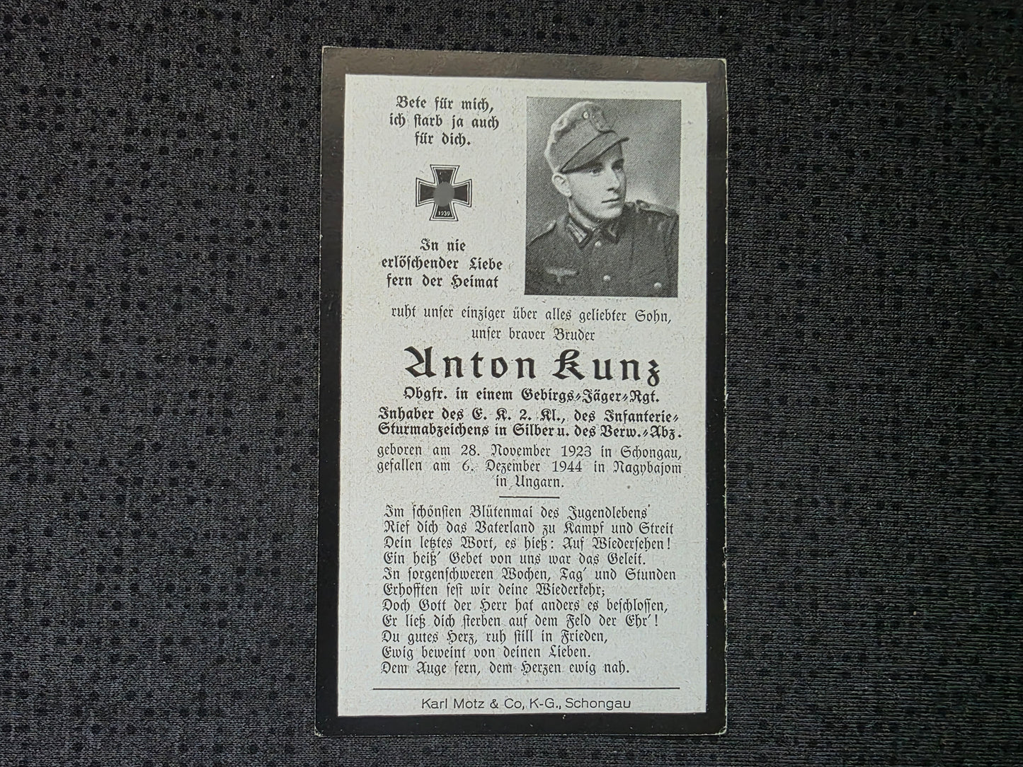 Sterbebild Obergefreiter Schongau Gebirgsjäger Regt. Nagybajom Ungarn