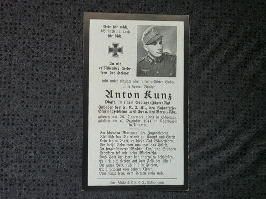 Sterbebild Obergefreiter Schongau Gebirgsjäger Regt. Nagybajom Ungarn