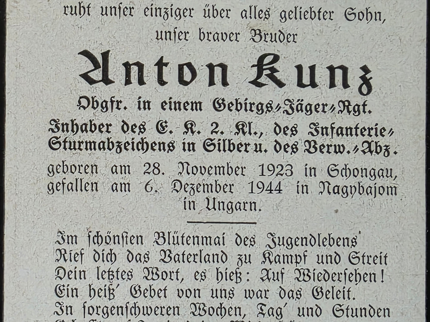 Sterbebild Obergefreiter Schongau Gebirgsjäger Regt. Nagybajom Ungarn