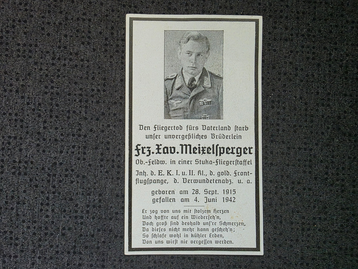 Sterbebild Oberfeldwebel Waldmünchen Stabsstaffel Stuka-Geschwader 2 "Immelmann" FFS Gold Asperhöfen Österreich