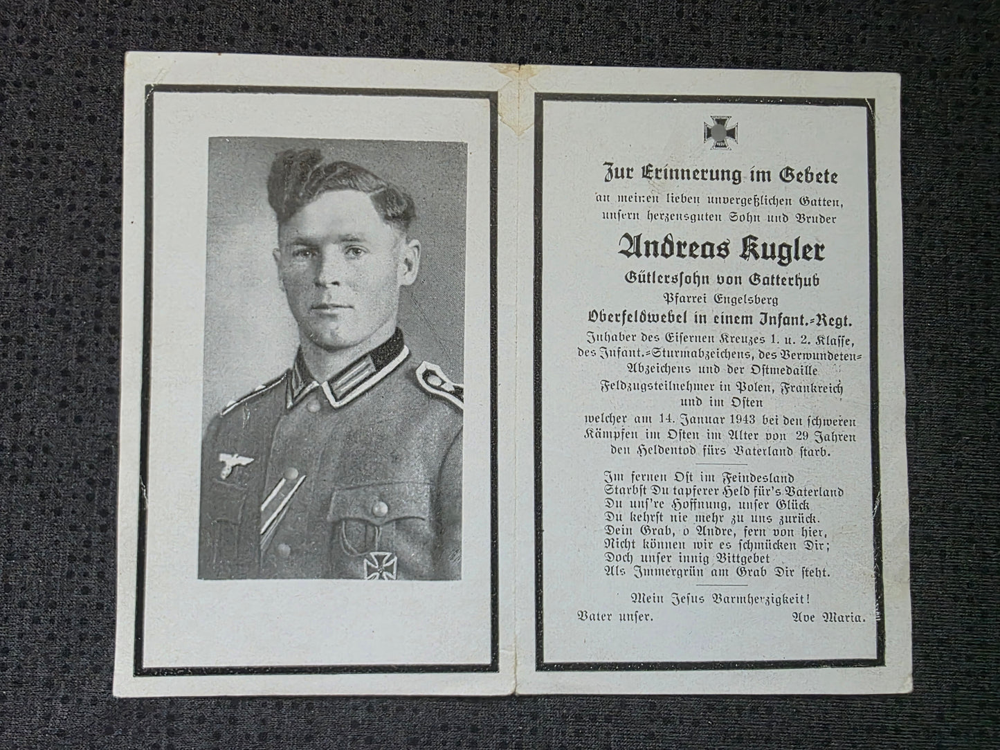 Sterbebild Oberfeldwebel Gatterhub 10. Komp. Gren. Regt. 217 Woronesch Russland