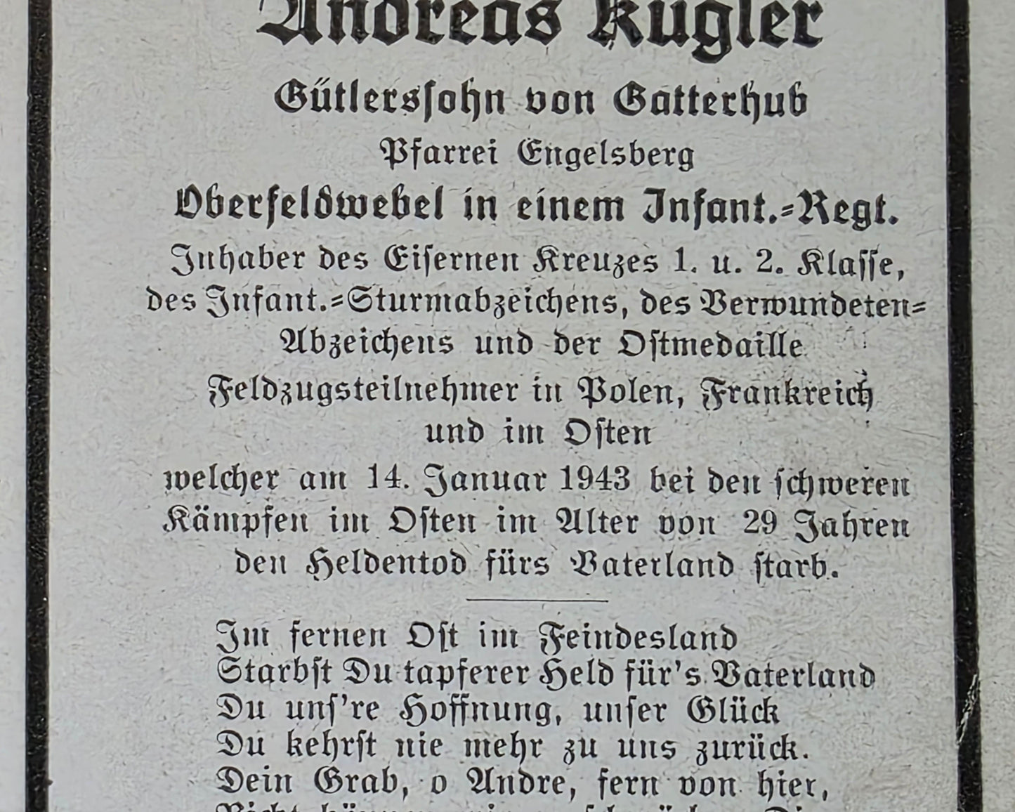 Sterbebild Oberfeldwebel Gatterhub 10. Komp. Gren. Regt. 217 Woronesch Russland