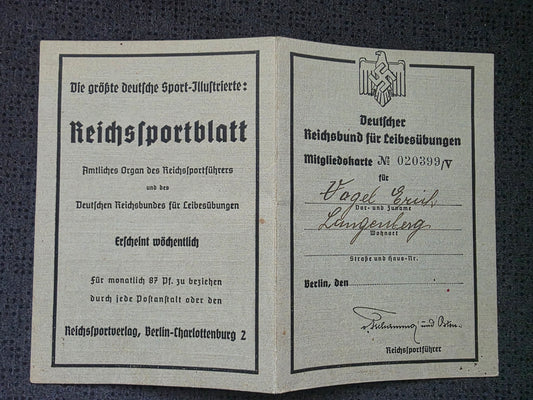 Mitgliedskarte "Deutscher Reichsbund für Leibesübungen" Reichsparteiblatt Reichssportverlag