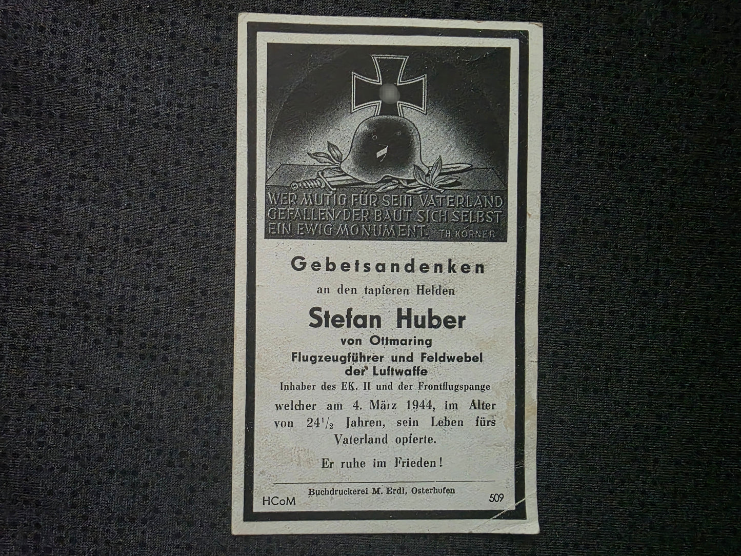 Sterbebild Feldwebel Ottmaring 8. Komp. Kampfbeobachterschule 2 FFS Novy Dvor Malacky Slowakei