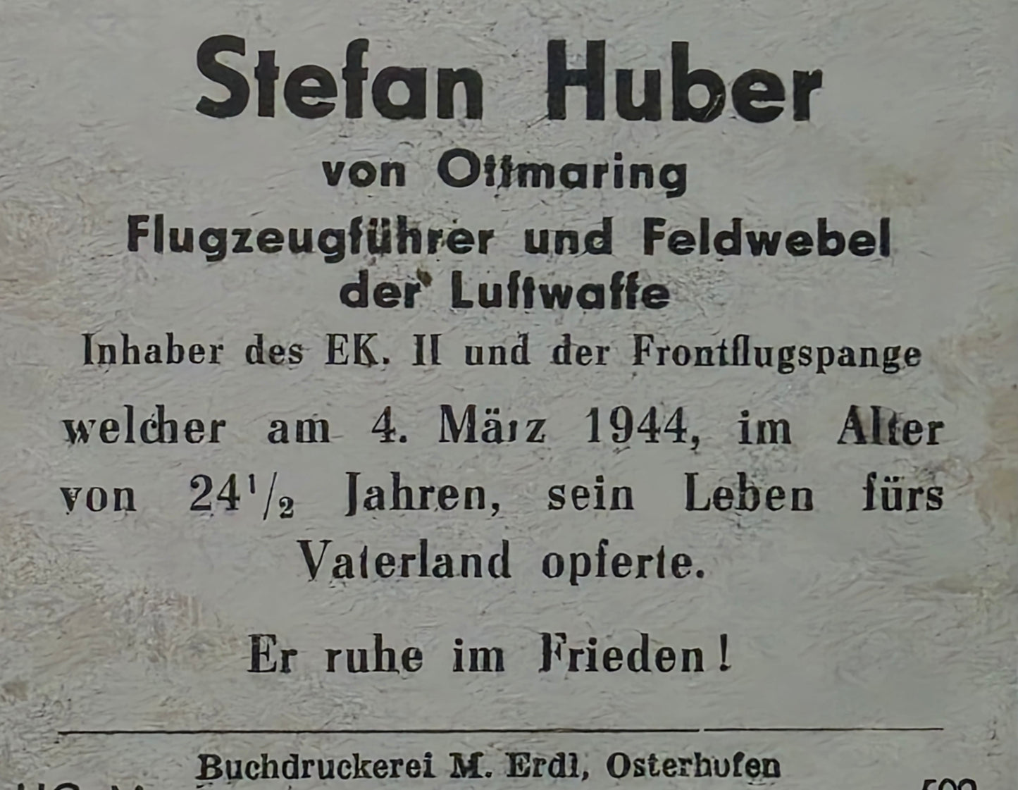 Sterbebild Feldwebel Ottmaring 8. Komp. Kampfbeobachterschule 2 FFS Novy Dvor Malacky Slowakei