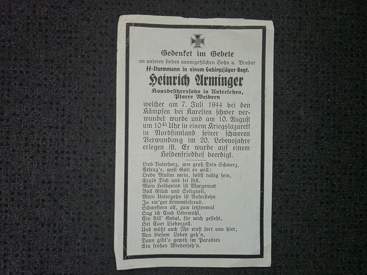 Sterbebild SS-Sturmmann Unterlehen Gebirgsjäger Regt. Karelien Rovaniemi-Norvajaervi Finnland