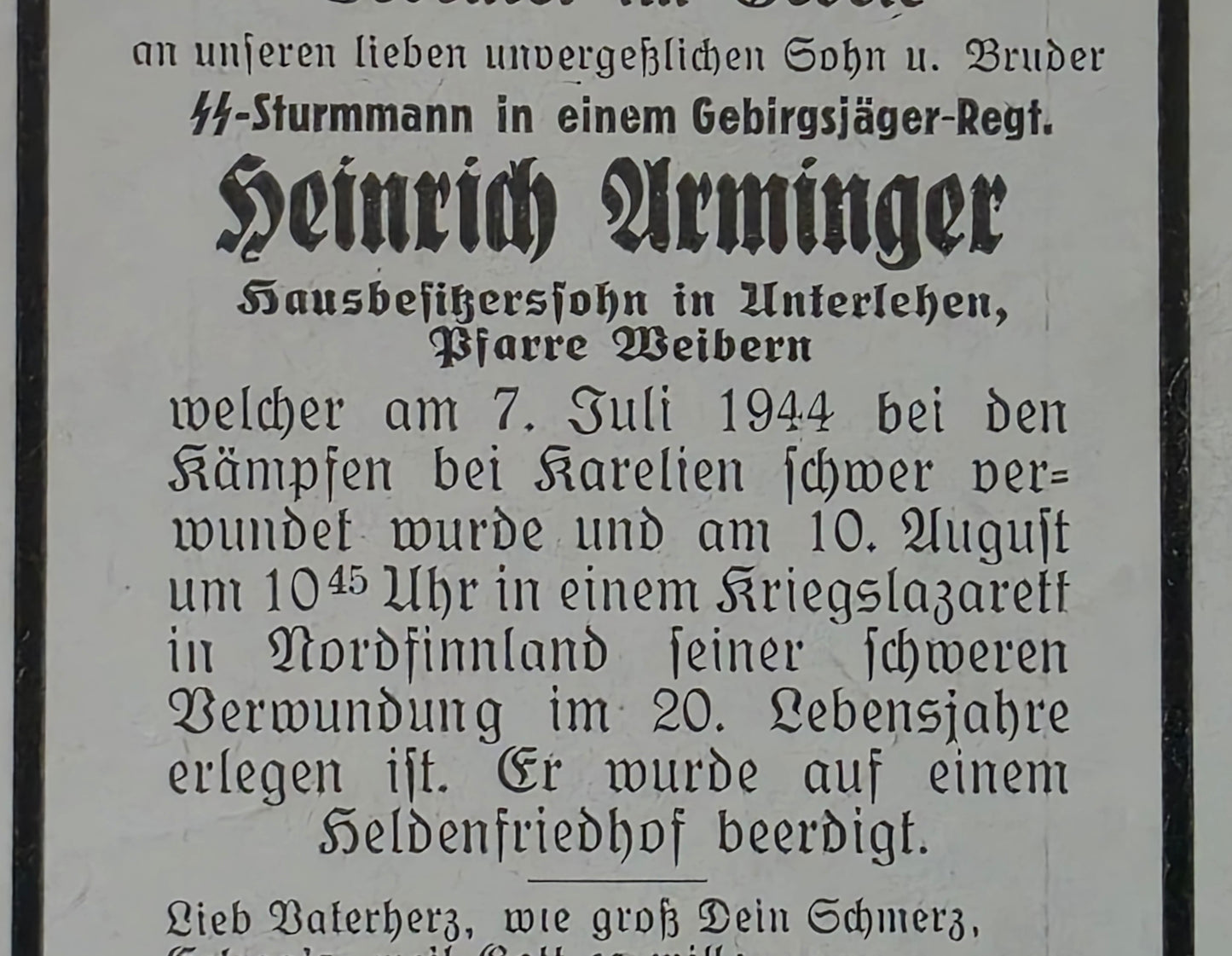 Sterbebild SS-Sturmmann Unterlehen Gebirgsjäger Regt. Karelien Rovaniemi-Norvajaervi Finnland