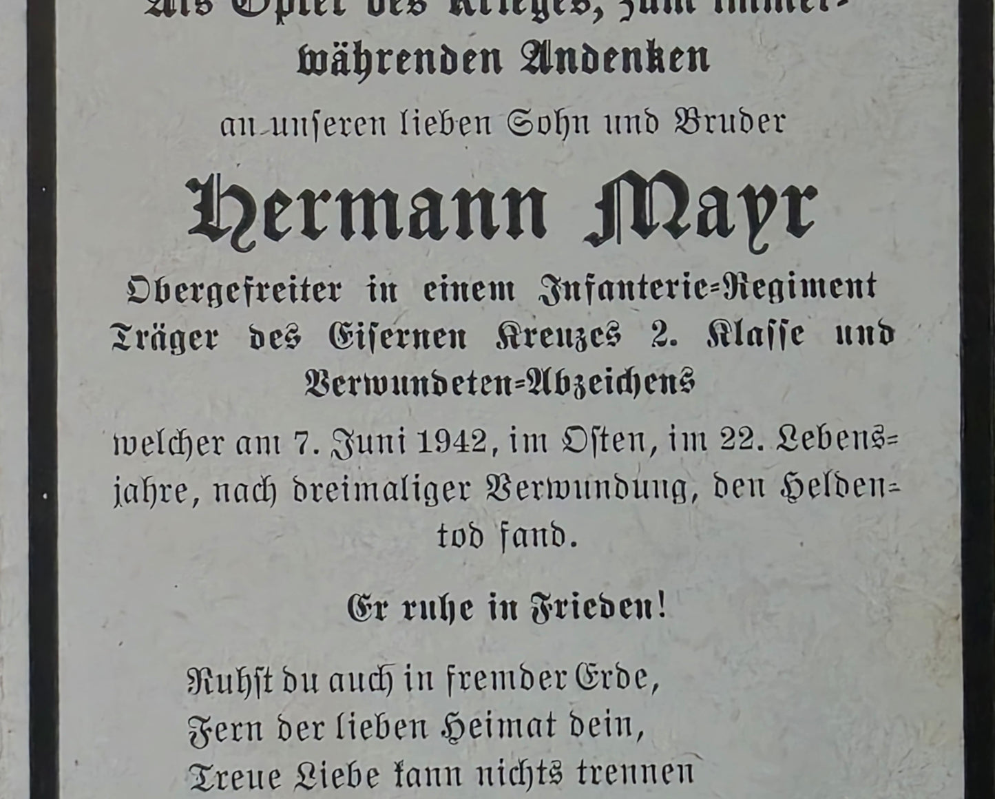Sterbebild Obergefreiter Gossensaß 10. Komp. Inf. Regt. 438 Belbeck Russland