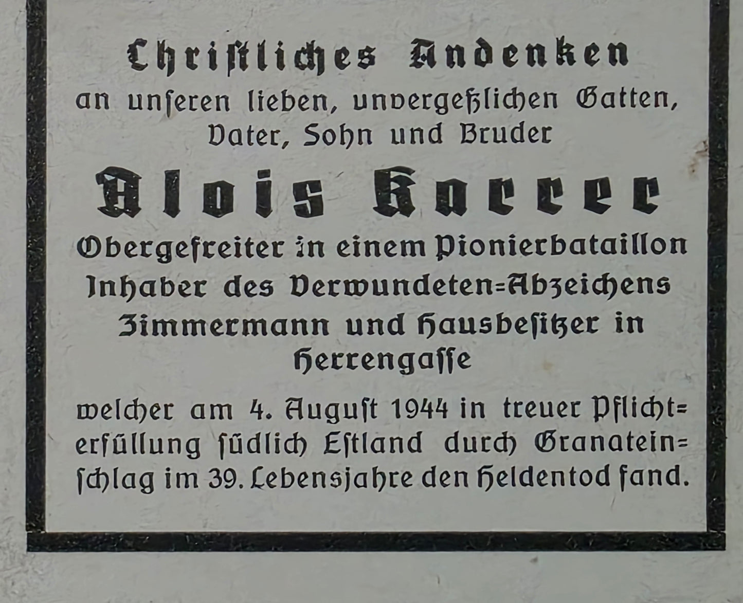 Sterbebild Obergefreiter Walzing 2. Bau-Pionier Btl. 127 Aristowa Narwa Estland