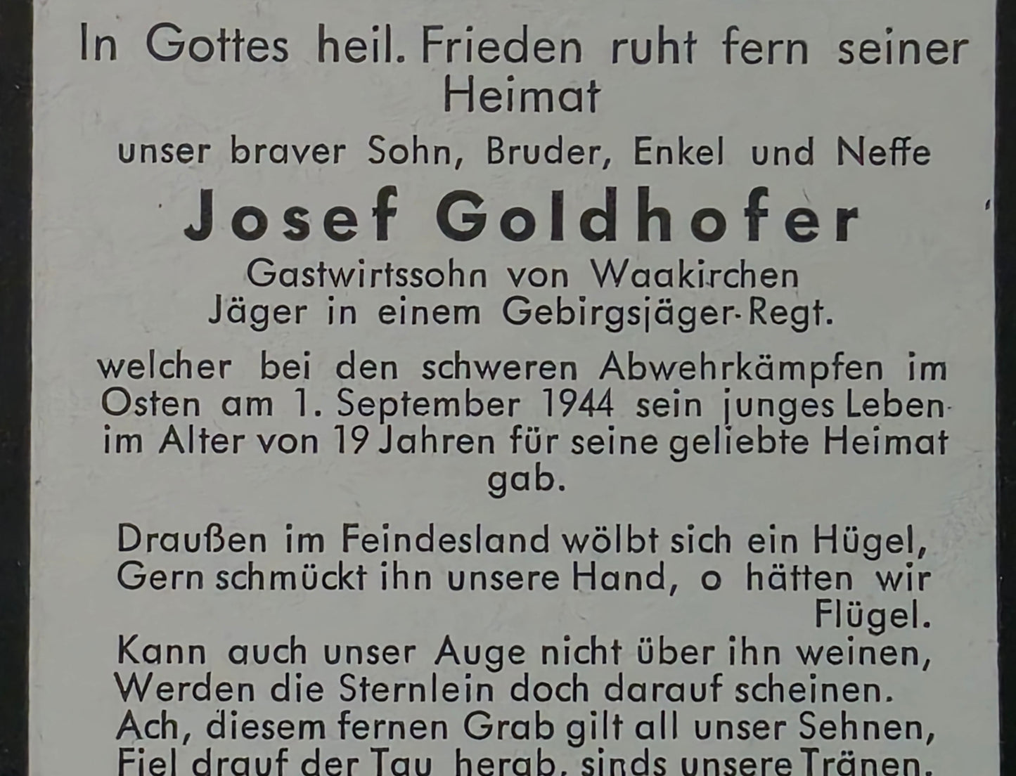 Sterbebild Jäger Waakirchen Gebirgsjäger Regt. Bardo Siemianowice Śląskie Polen