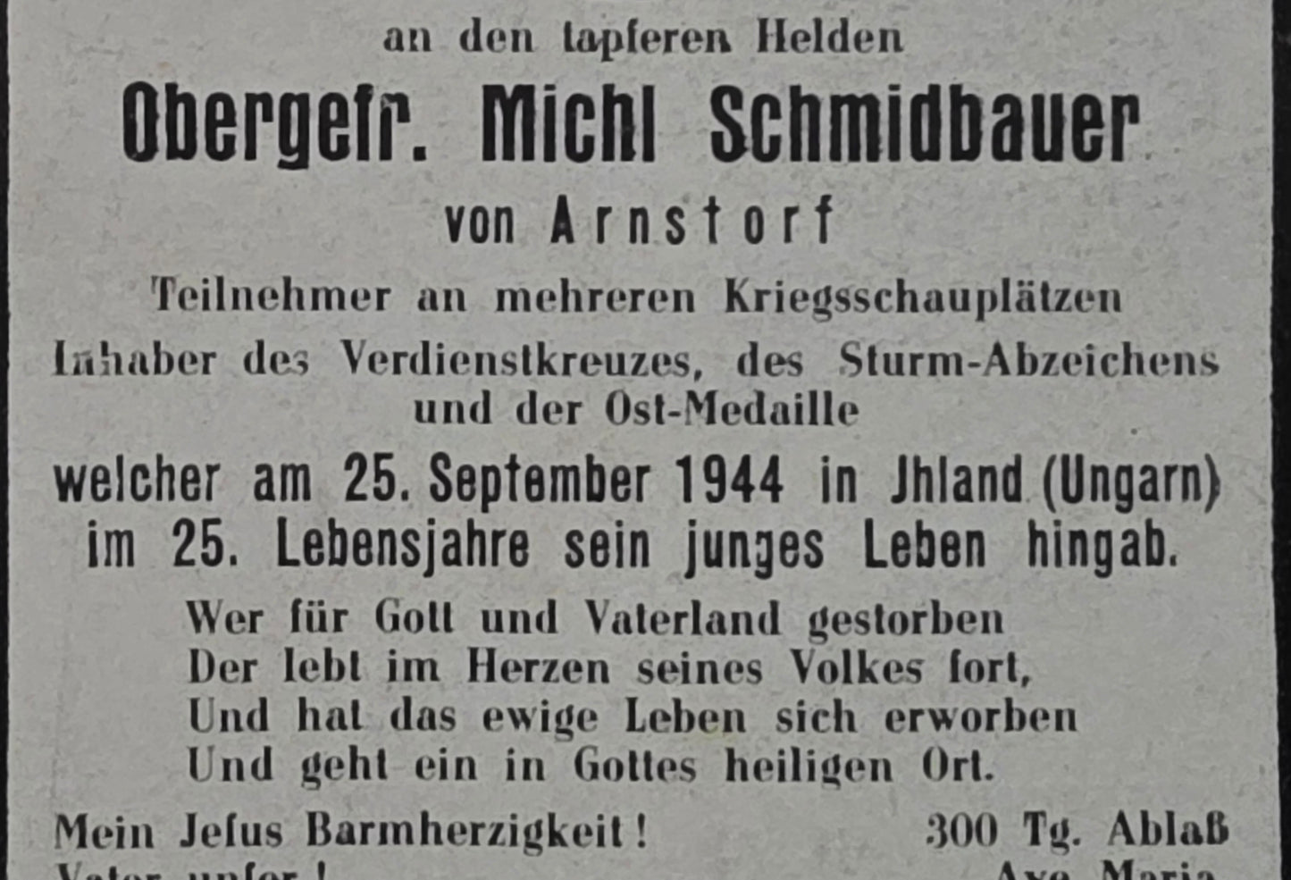 Sterbebild Obergefreiter Arnstorf Ungarn Rumänien