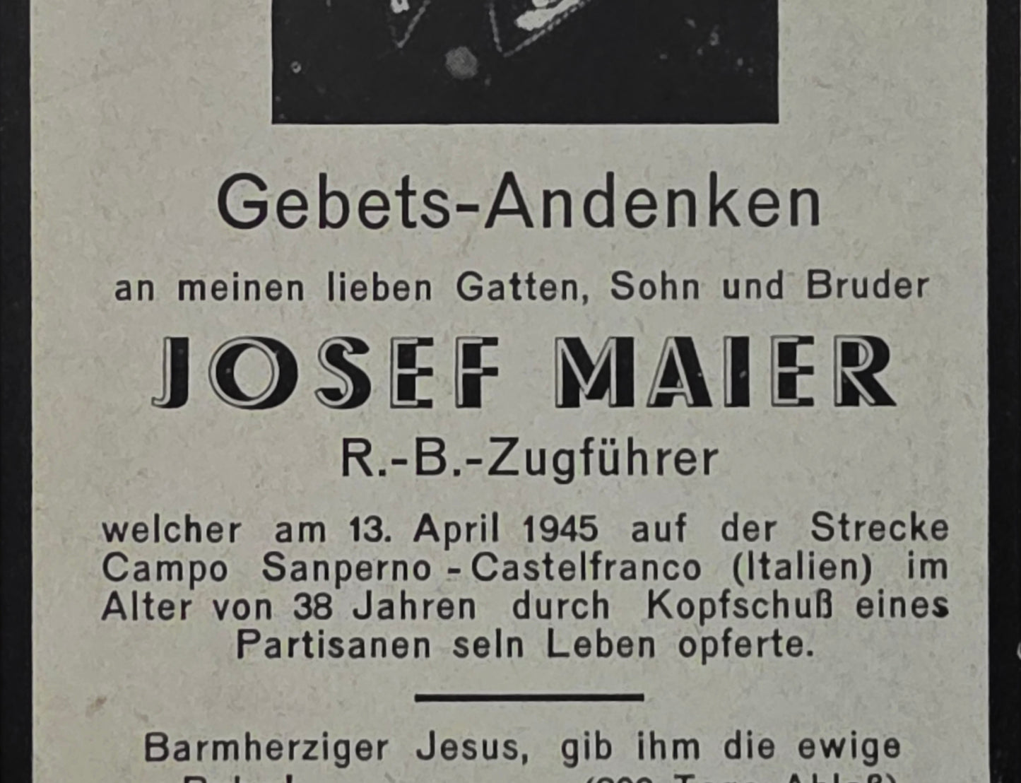 Sterbebild R.-B.-Zugführer Endkampf Partisanen Sanperno Castelfranco Italien