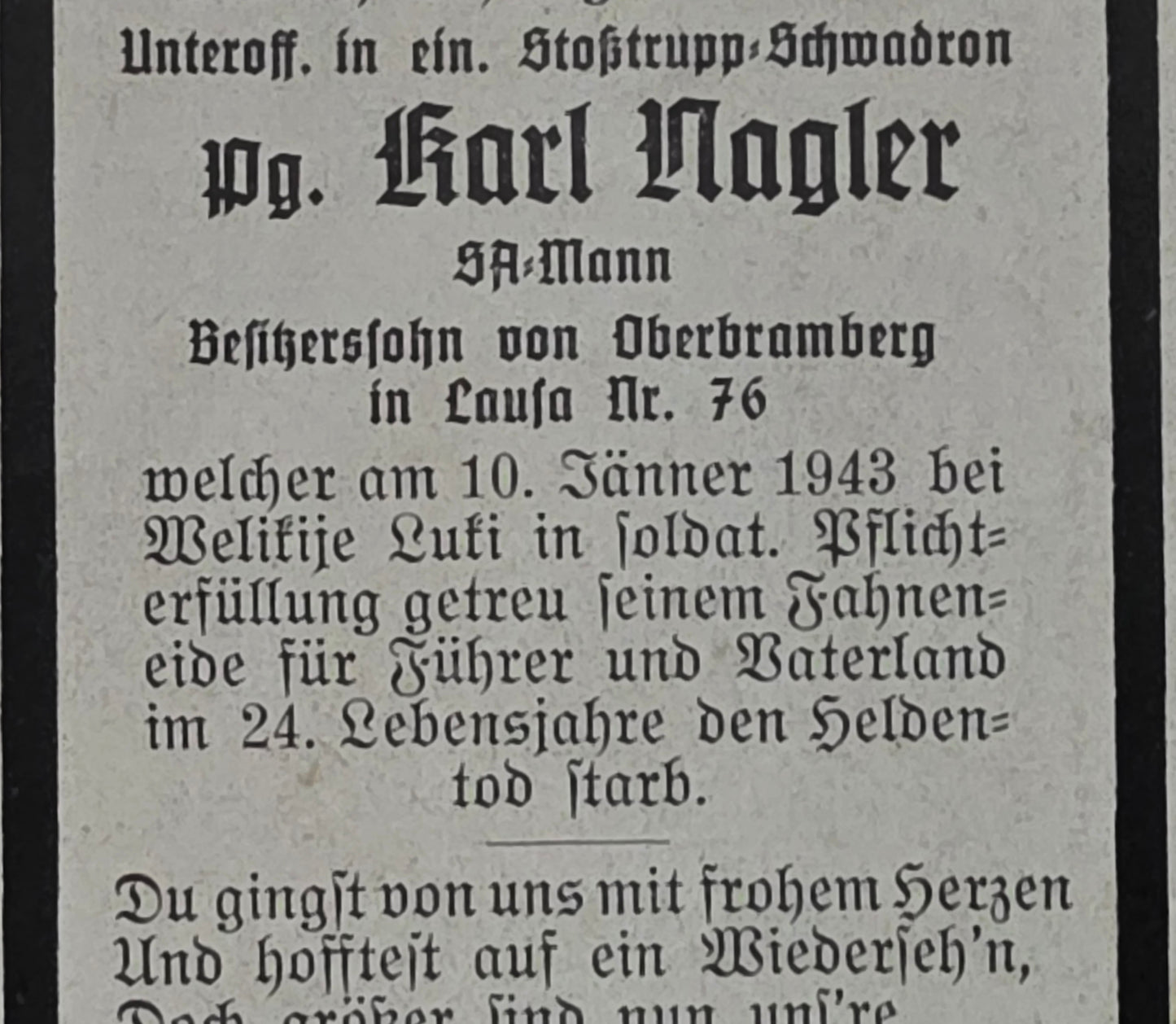 Sterbebild Unteroffizier Lausa 2. Radfahr-Abt. 331 SA-Mann Podberesje Demjansk Russland