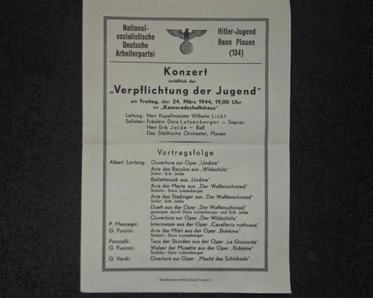 Konzertflyer Konzertwerbung "Verpflichtung der Jugend" NSDAP HJ-Bann Plauen