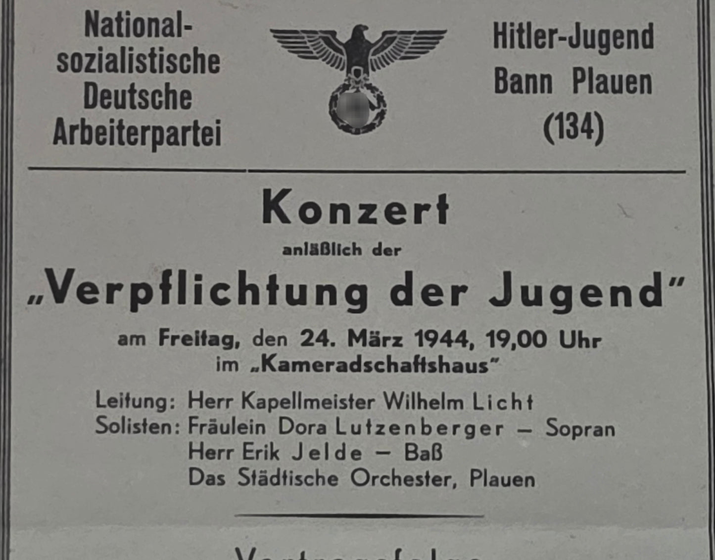 Konzertflyer Konzertwerbung "Verpflichtung der Jugend" NSDAP HJ-Bann Plauen
