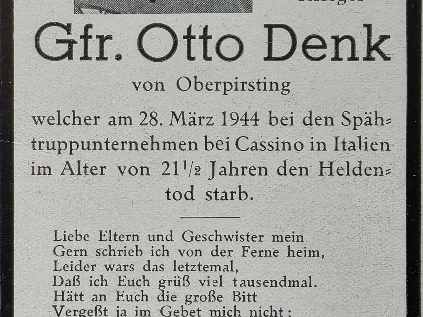 Sterbebild Gefreiter Eggenfelden 2. Komp. Hochgebirgs-Jäger Btl. 4 Cassino Italien