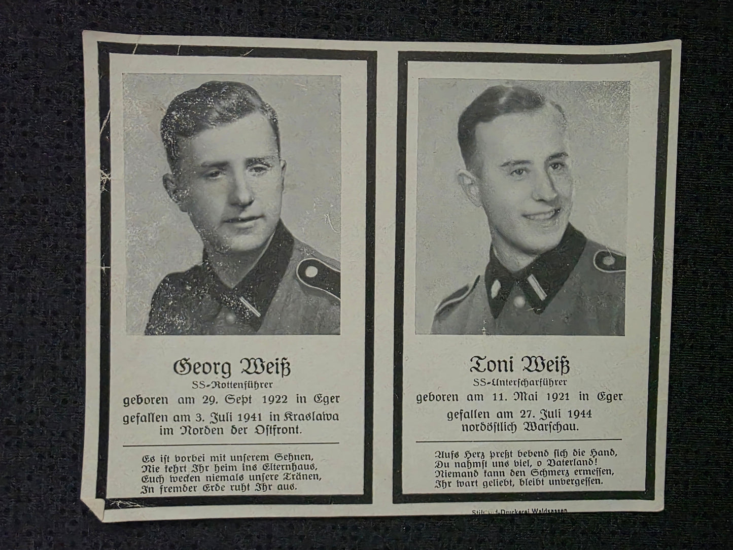 Sterbebild Brüder SS-Rottenführer Eger 2. Komp. SS. Totenkopf Inf. Regt. 1 Lettland SS-Unterscharführer Warschau Polen