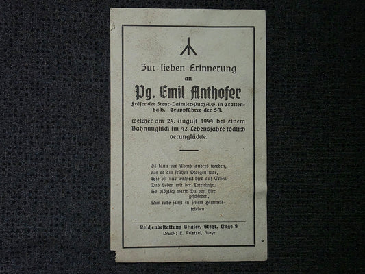 Sterbebild Truppführer der SA Trattenbach Bahnunglück 1944