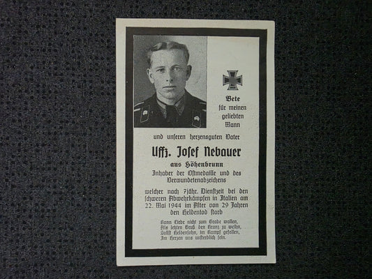 Sterbebild Unteroffizier Höhenbrunn Panzer Regt. Abwehrkampf Italien
