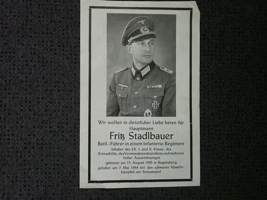 Sterbebild Hauptmann & Btl.-Führer Regensburg Stab II/Gren. Regt. 170 Krimschild Sewastopol Russland