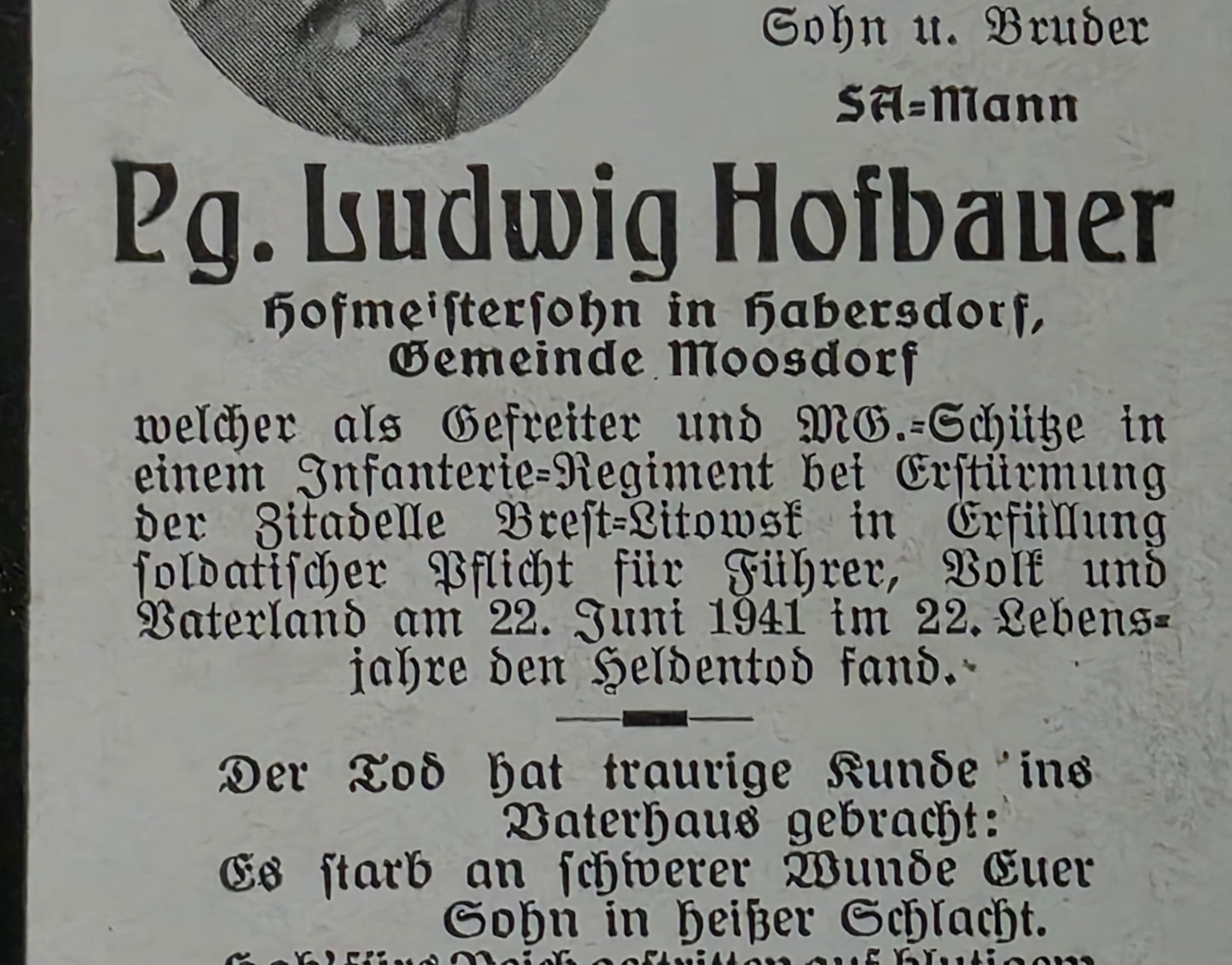 Sterbebild Gefreiter Moosdorf 1. Komp. Inf. Regt. 135 Erstürmung Zitadelle Brest-Litowsk Weissrussland