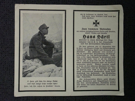 Sterbebild Gefreiter Eger 2. Batterie Art. Regt. 81 Swobodnyj Krasnodar Russland