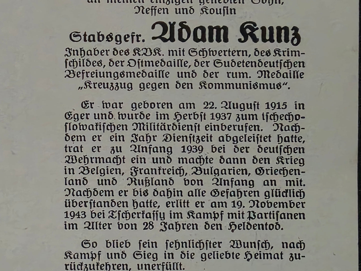 Sterbebild Stabsgefreiter Eger 2. Batterie Art. Regt. 172 Krimschild Rumänische Med. "Kreuzzug gegen den Kommunismus" Golowjatino Ukraine