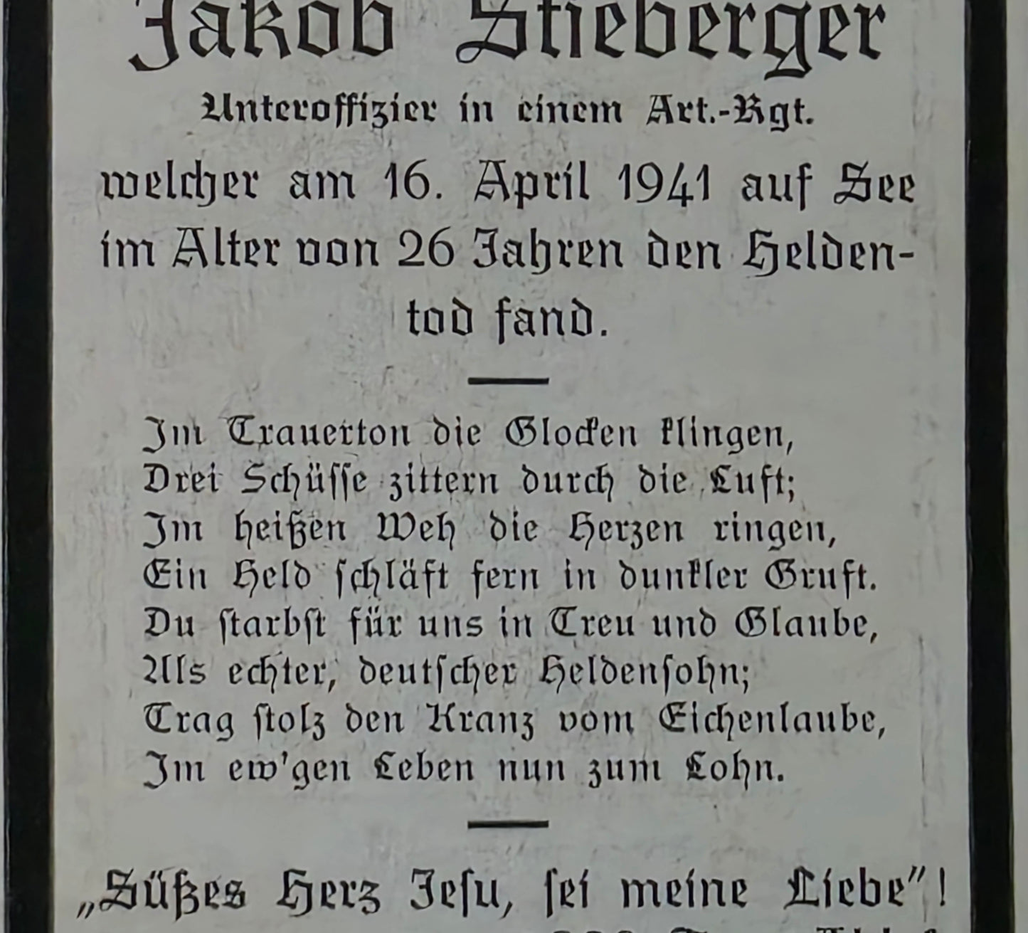 Sterbebild Unteroffizier Dingolfing Stabsbatterie Art. Regt. 33 Mittelmeer Bordj-Cedria Tunesien