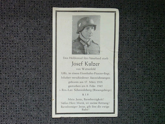 Sterbebild Unteroffizier Wetterfeld Eisenbahn-Pionier Regt. Schmiedeberg Kowary Polen