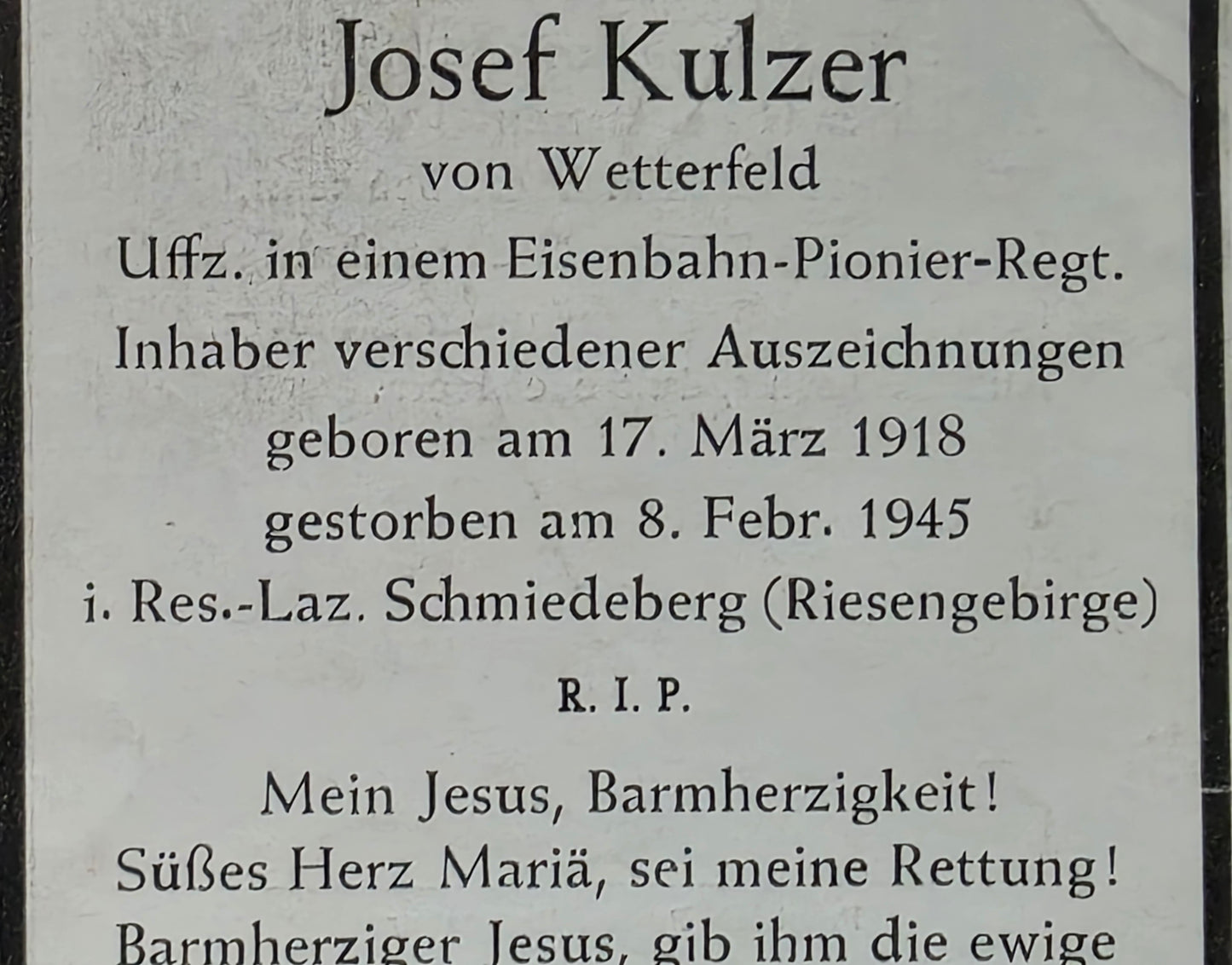 Sterbebild Unteroffizier Wetterfeld Eisenbahn-Pionier Regt. Schmiedeberg Kowary Polen