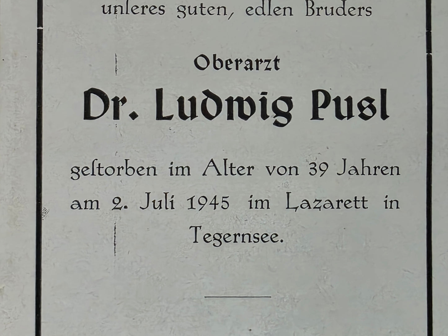 Sterbebild Oberarzt Gestorben im Lazarett in Tegernsee (Bayern) 1945